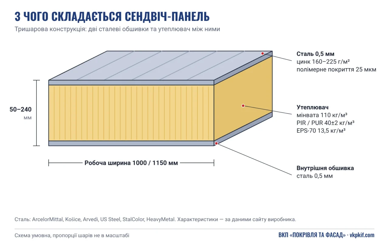Будова сендвіч-панелі зі сталевою обшивкою та утеплювачем